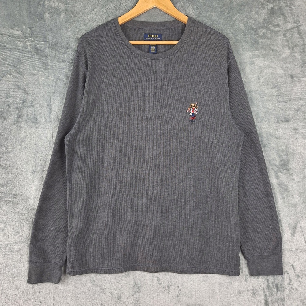 Polo Ralph Lauren Shirt XL Gray Thermal Waffle Knit Ski Bear Pullover Sleepwear